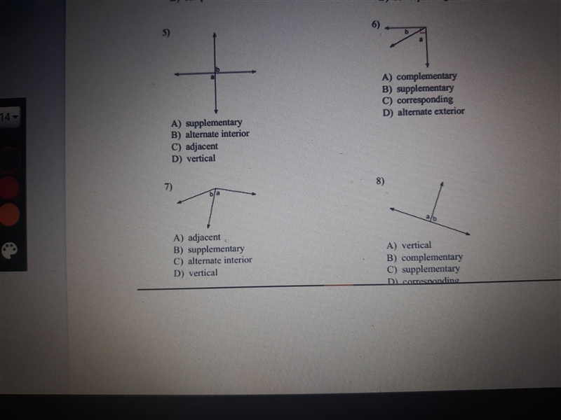 Please help me with this I have to name the angles-example-1