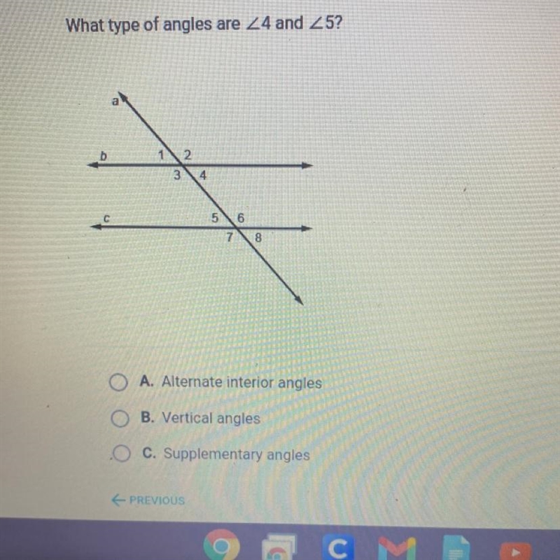 PLS HELP A. Alternate interior angles B. Vertical angles C. Supplementary angles D-example-1