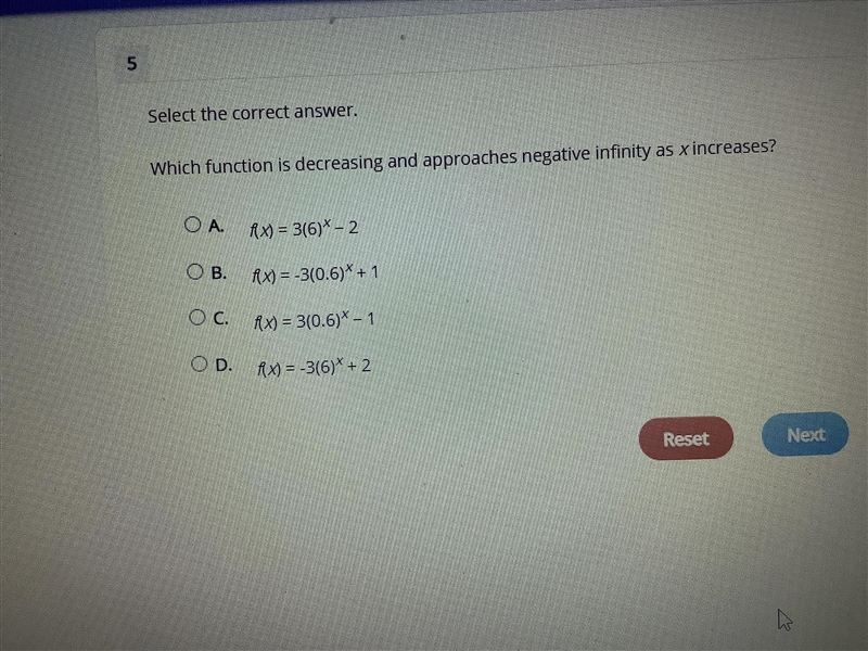 NEED ASAP!!!!!!!Which function is decreasing and approaches negative infinity as x-example-1