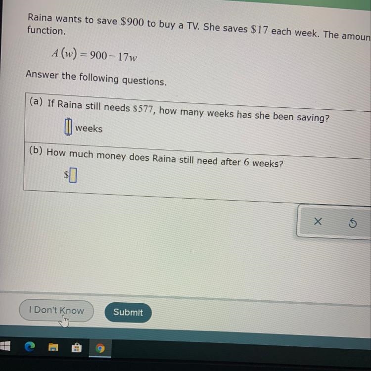 raina wants to save $900 to buy TV she save $17 each week the amount A (in dollars-example-1