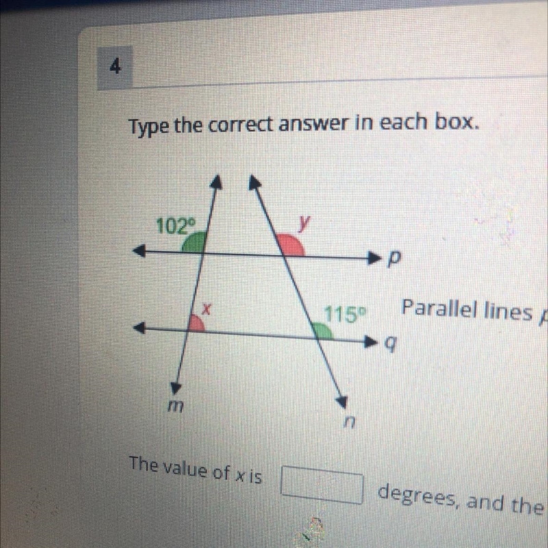 The value of x is(BLANK) degrees, and the value of y is(BLANK) degrees.-example-1