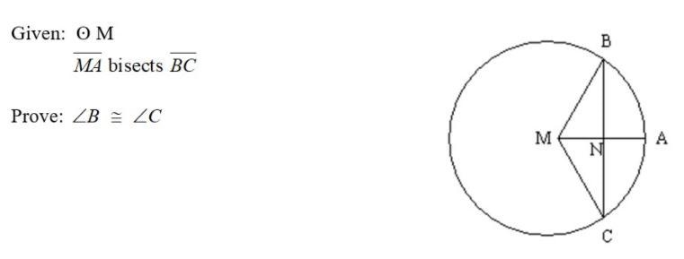 Extra points!! Given: Circle M Given: Segment MA bisects Segment BC Prove: Angle B-example-1