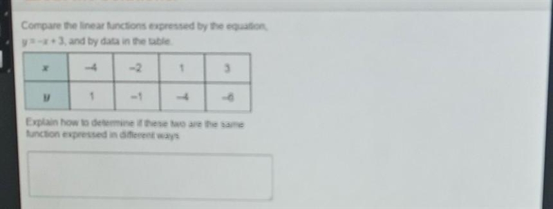 compare the linear functions expressed by the equation y equals negative x + 3 and-example-1