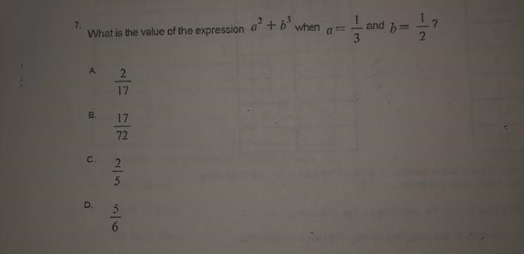 What is the value of the expression a2 + b3 when a= 1/3 and b= 1/2 ?-example-1