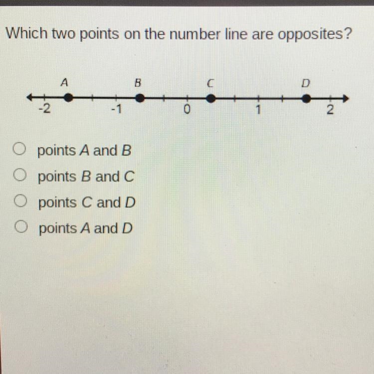 Which two points on the number line are opposites? B D O points A and B points B and-example-1