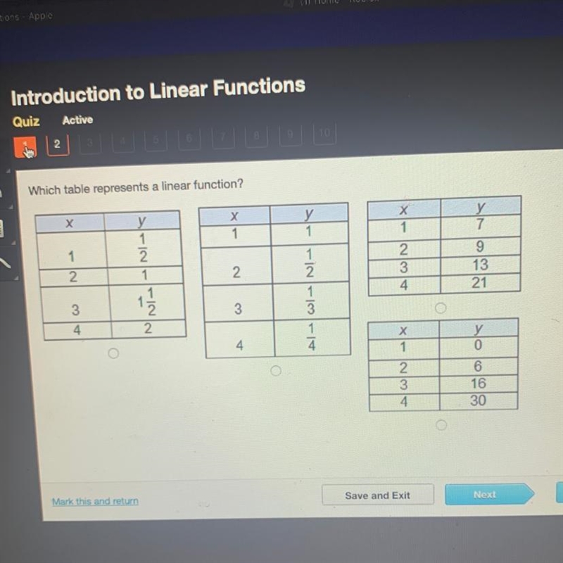 Which table represents a linear function?-example-1