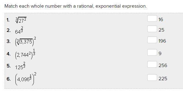 NEED HELP FAST PLEASE! Match each whole number with a rational, exponential expression-example-1