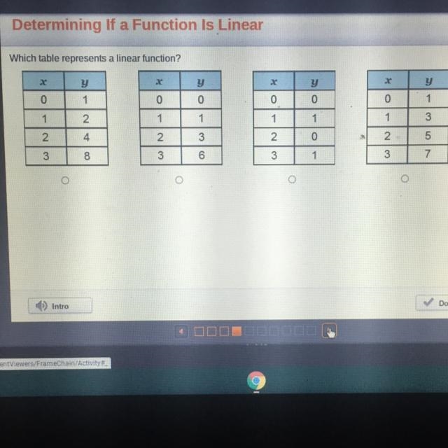 Which table represents a linear function? 2 . y y y 1 0 0 0 0 lo 0 1 1 1 1 1 1 1 1 1 3 AN-example-1