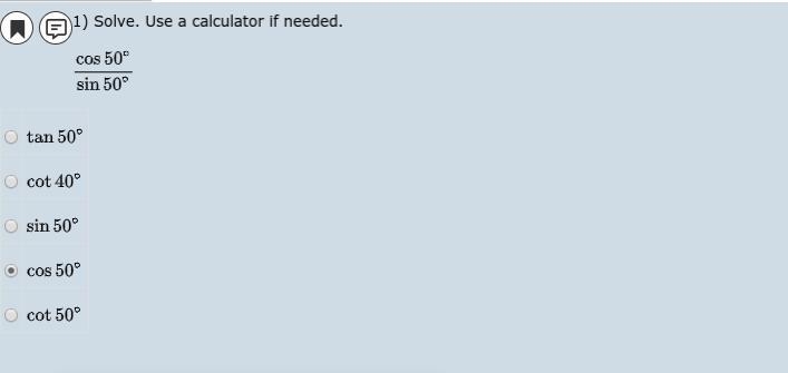 1.) A.) tan 50° B.) cot 50° C.) sin 50° D.) cos 50° E.) cot 50°-example-1