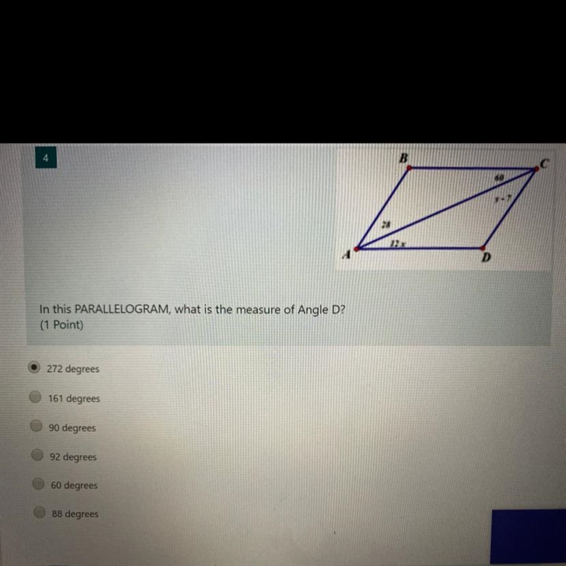 In this PARALLELOGRAM, what is the measure of Angle D?-example-1