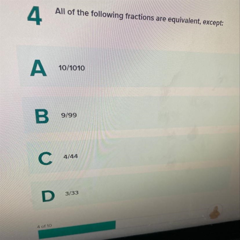 All of the following fractions are equivalent, except:-example-1