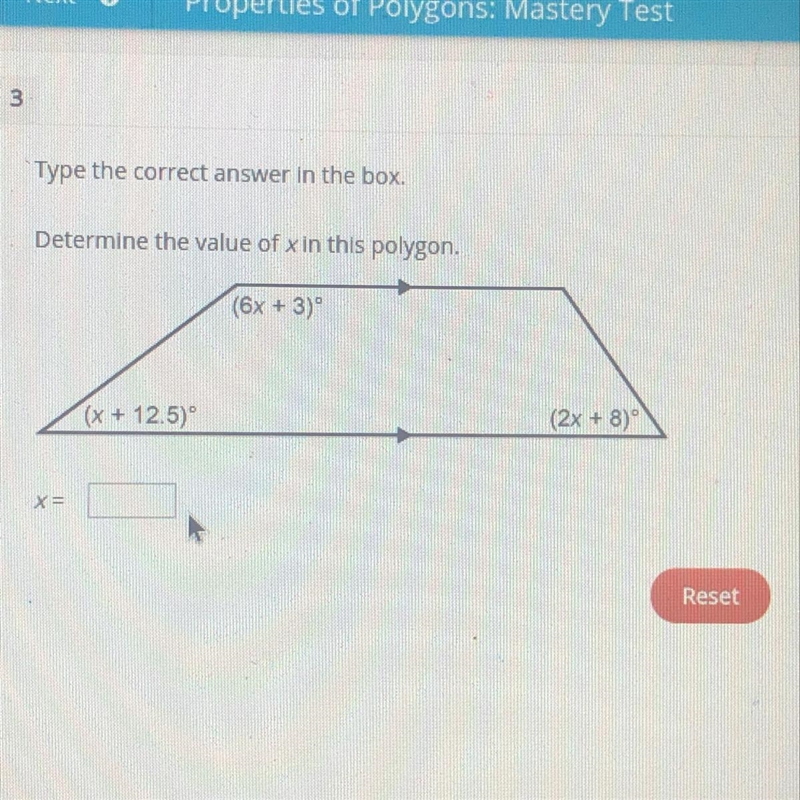 Determine the value of x in this polygon.-example-1