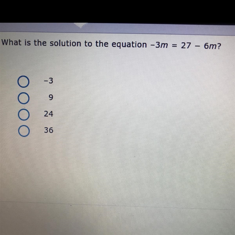 What is the solution to the equation –3m = 27 - 6m?-example-1