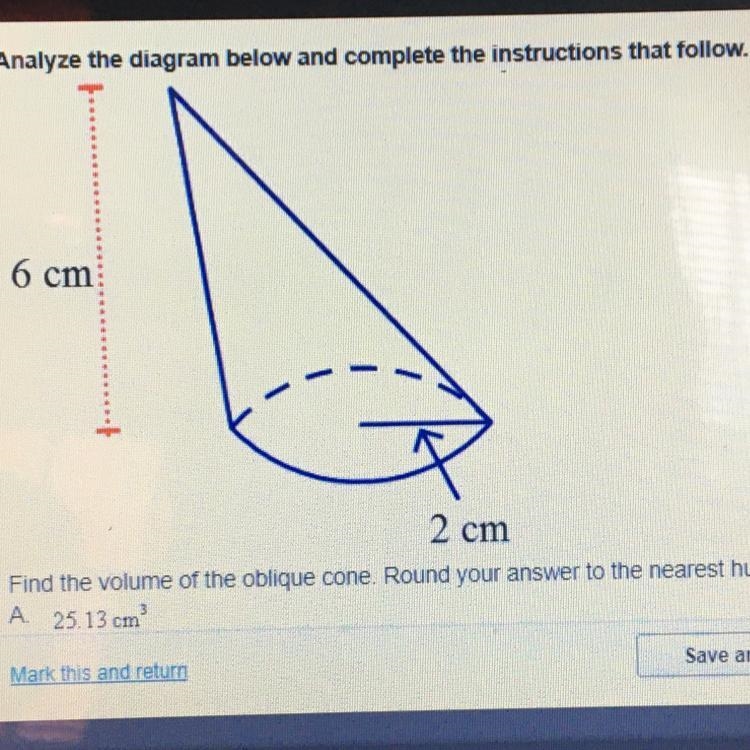 Find the volume of the oblique cone. Round your answer to the nearest hundredth. A-example-1