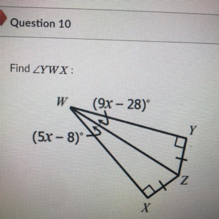 Find angle YWX using the perpendicular or angle bisector method.-example-1