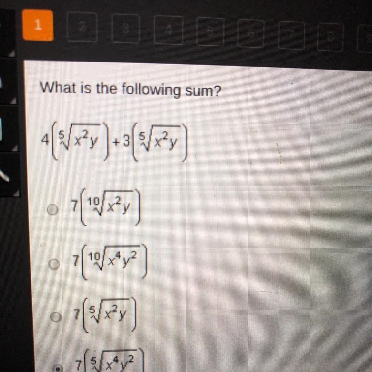 What is the following sum 4(5vx^2y)+3(5vx^2y) i don’t know if that answer is right-example-1