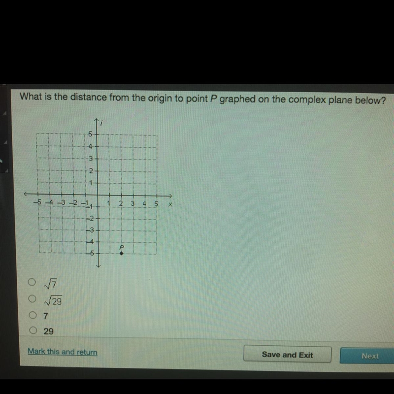 What is the distance from the origin to point P graphed on the complex plane below-example-1