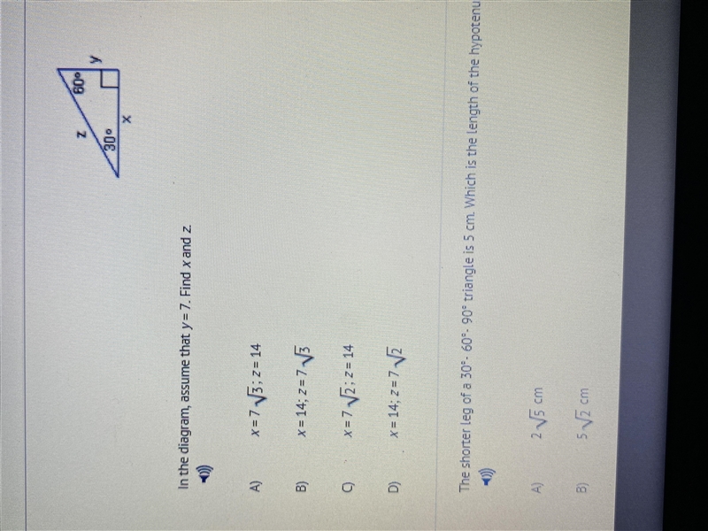 PLZ HELP !!!!! in the diagram, assume that y=7. find z and z-example-1