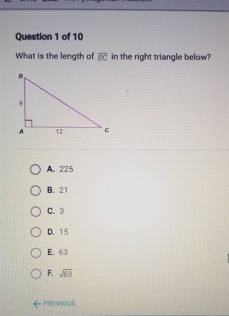 What is the length of side BC in the right triangle A.225 B.21 C.3 D.15 E.63 F. √(63) ​-example-1