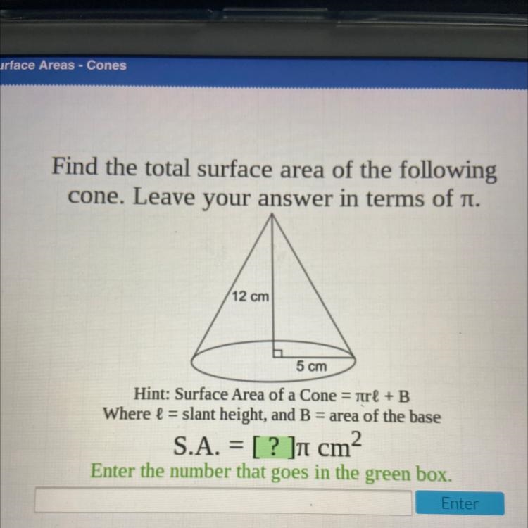 Find the total surface area of the following cone. Leave your answer in terms of m-example-1