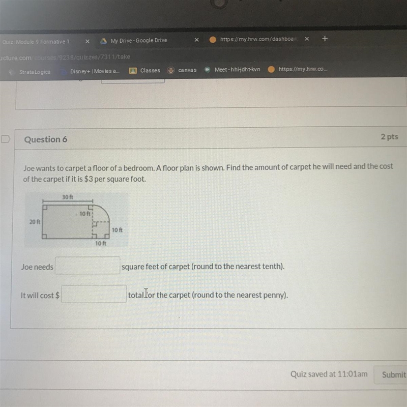 Joe wants to carpet a floor of a bedroom. A floor plan is shown. Find the amount of-example-1