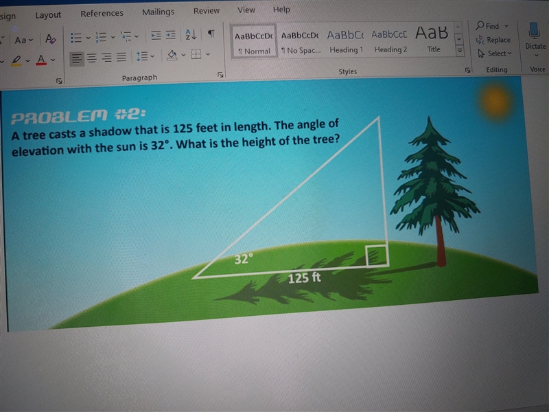 A tree casts a shadow that is 125 feet in length. The angle of elevation with the-example-1