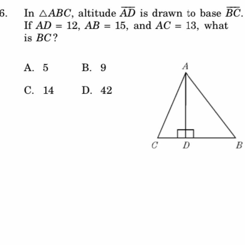 In ABC AD=12 , AB=15,and AC=13 what is BC-example-1