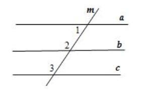 Transversal m intersects lines a, b, and c such that m∠1=42° and m∠2=140° and m∠3=138°. Which-example-1