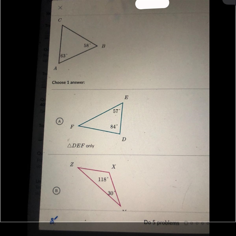 Someone please help. which triangles are similar to ABC? triangle A, triangle B, both-example-1