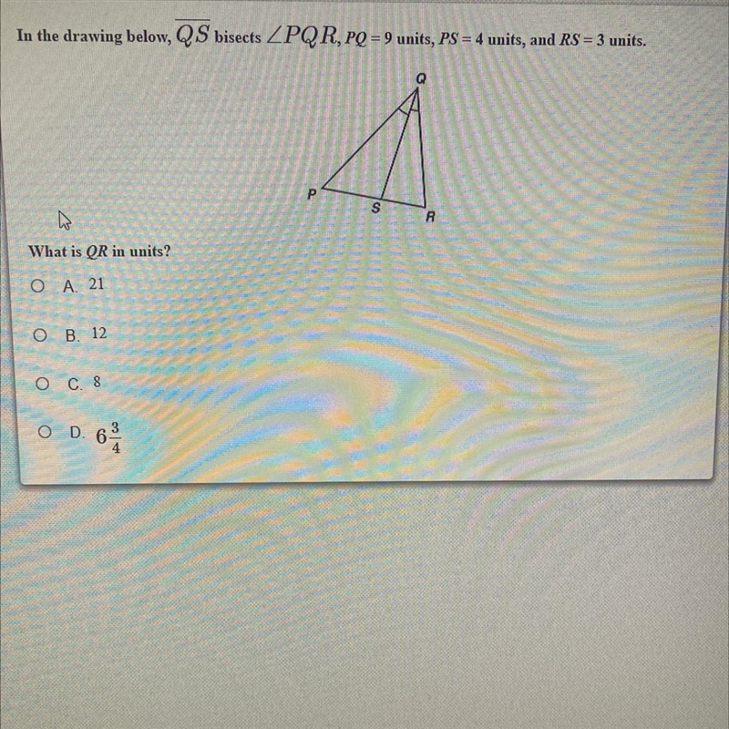 In the drawing below, QS bisects ZPQR,PO = 9 units, PS4 units, and RS-3 units. What-example-1