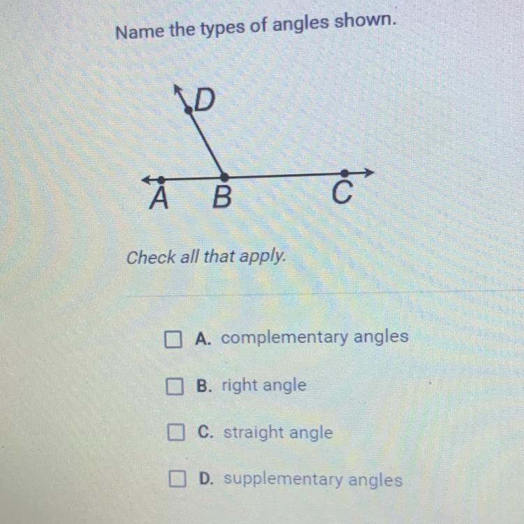 Name the types of angles shown.-example-1