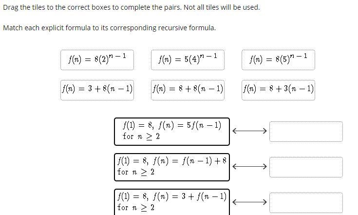 Match each explicit formula to its corresponding recursive formula.-example-1