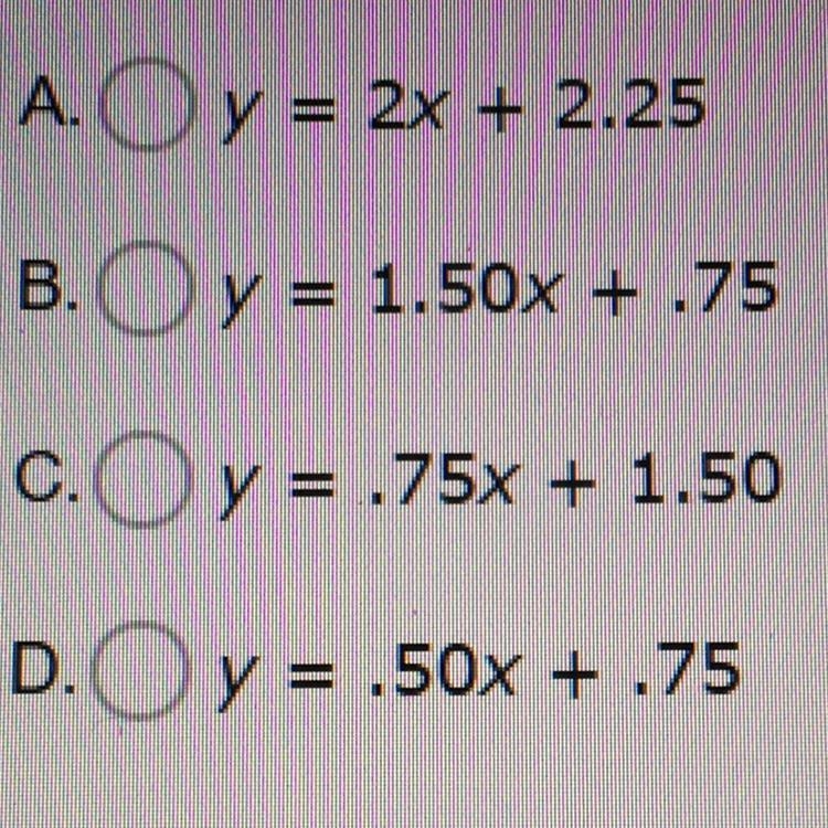 At Break Time Bakery, donuts are 0.75 each and drinks cost $1.50 each. Which equation-example-1