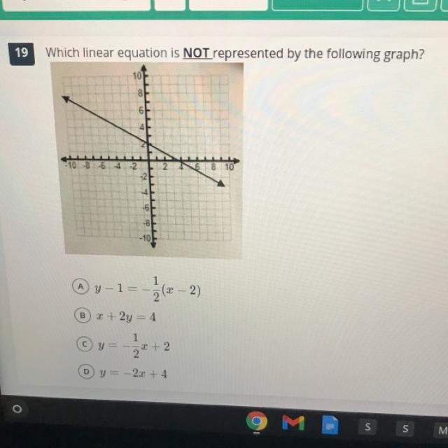 What linear equation is not represented by the graph?-example-1