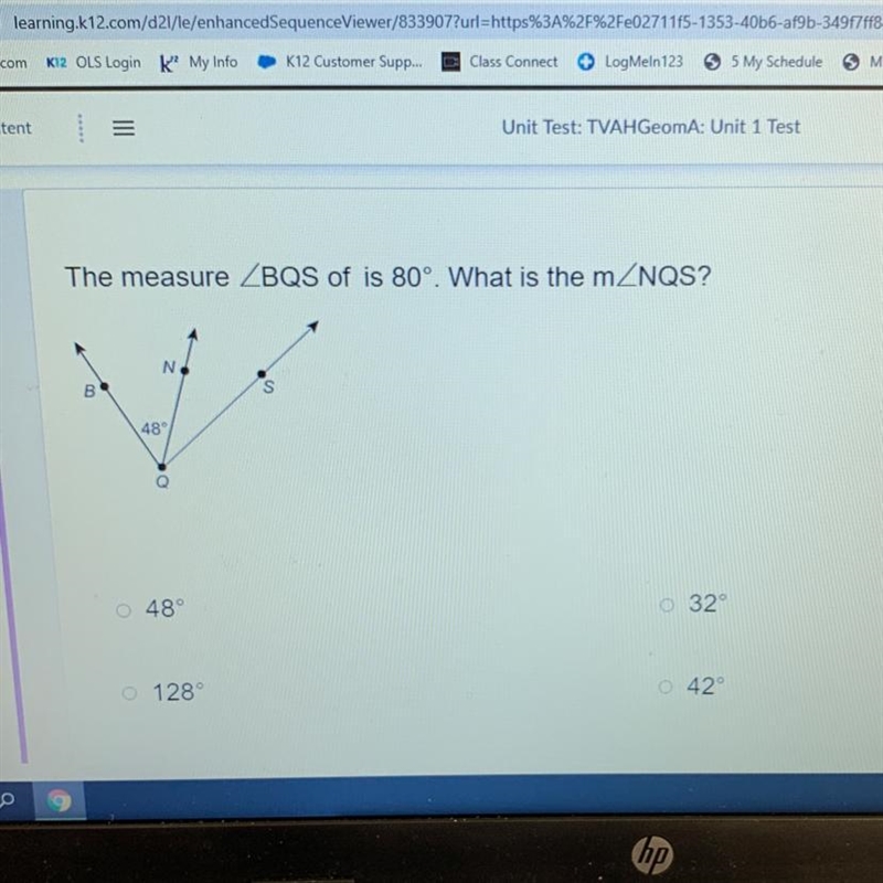 The measure ZBQS of is 80°. What is the mZNQS? N B S 48° Q O 48° O 32° O 128° O 42°-example-1