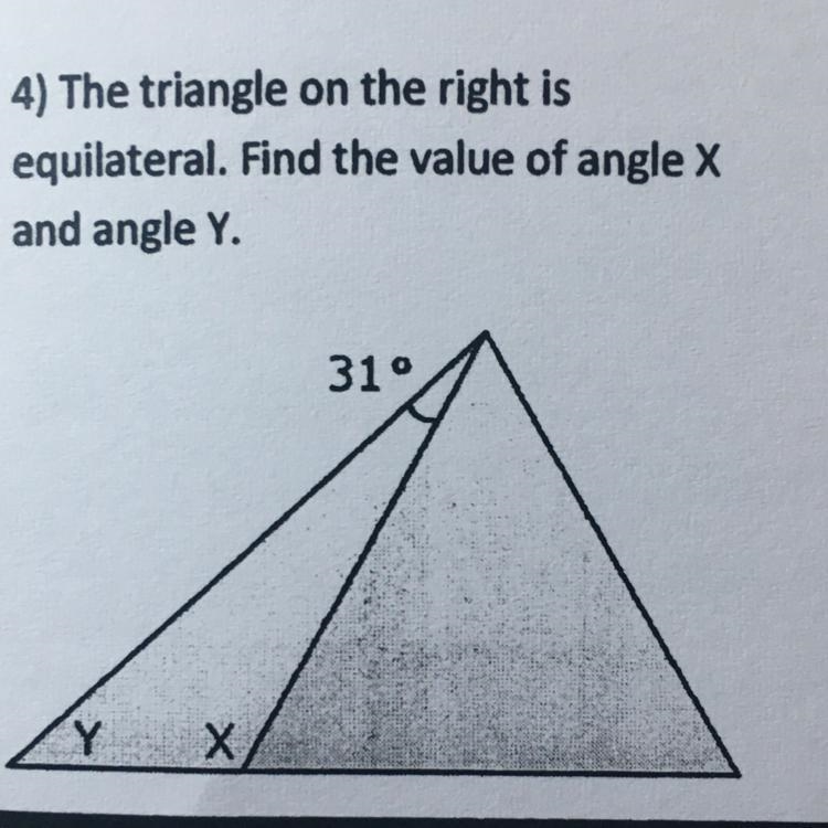 4) The triangle on the right is an equilateral Find the value of X and Y-example-1