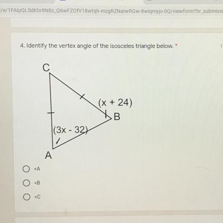 4. Identify the vertex angle of the isosceles triangle below. 1 point (х + 24) В (3х-example-1