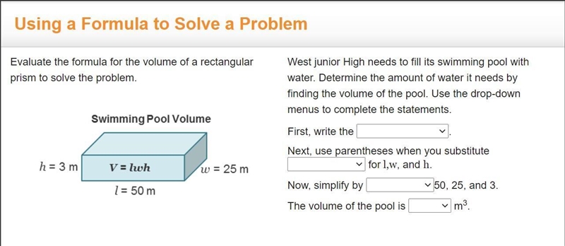 Evaluate the formula for the volume of a rectangular prism to solve the problem. Volume-example-1