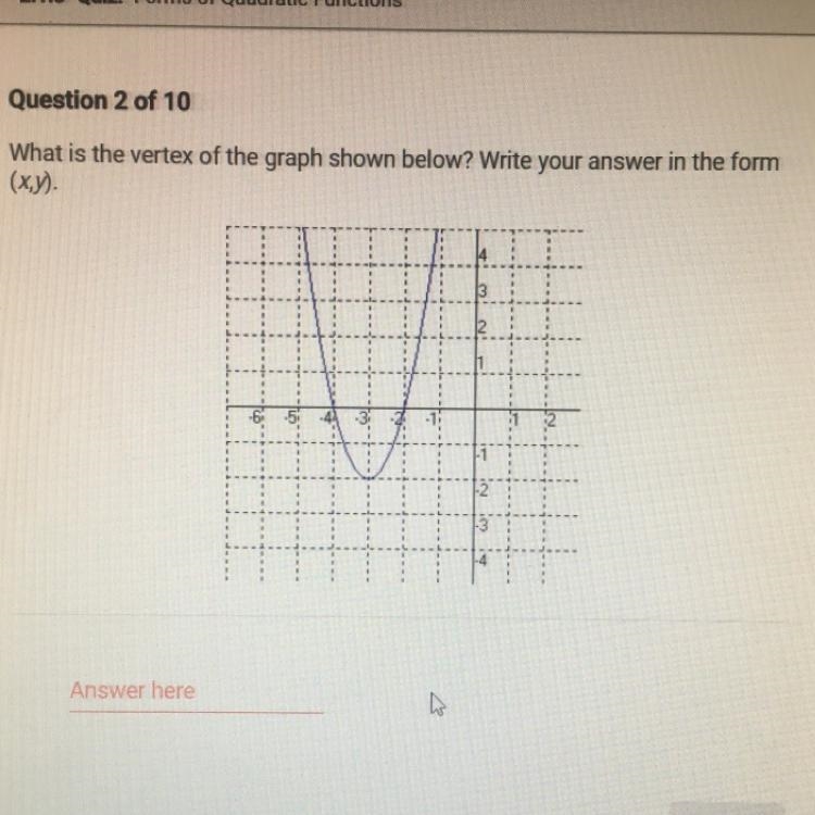 What is the vertex of the graph shown below? Write your answer in the form (x,y)-example-1