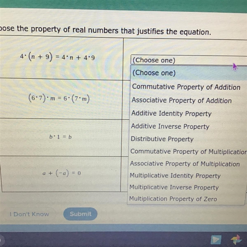 Choose the property of real number that justifies the equation. Last time I asked-example-1