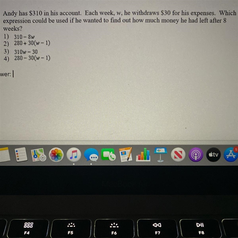 andy has 310$ in his account. each week,w, he withdraws 30$ for his expenses. which-example-1