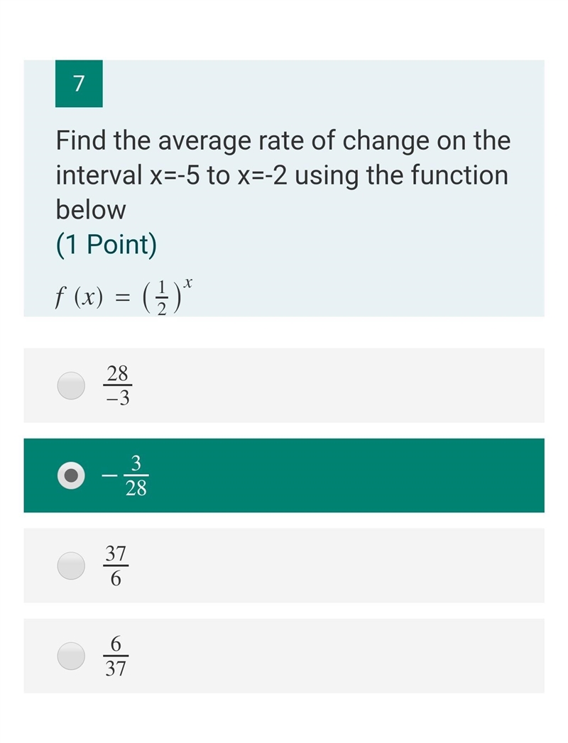 Find the average rate of change on the interval x=-5 to x=-2 using the function below-example-1