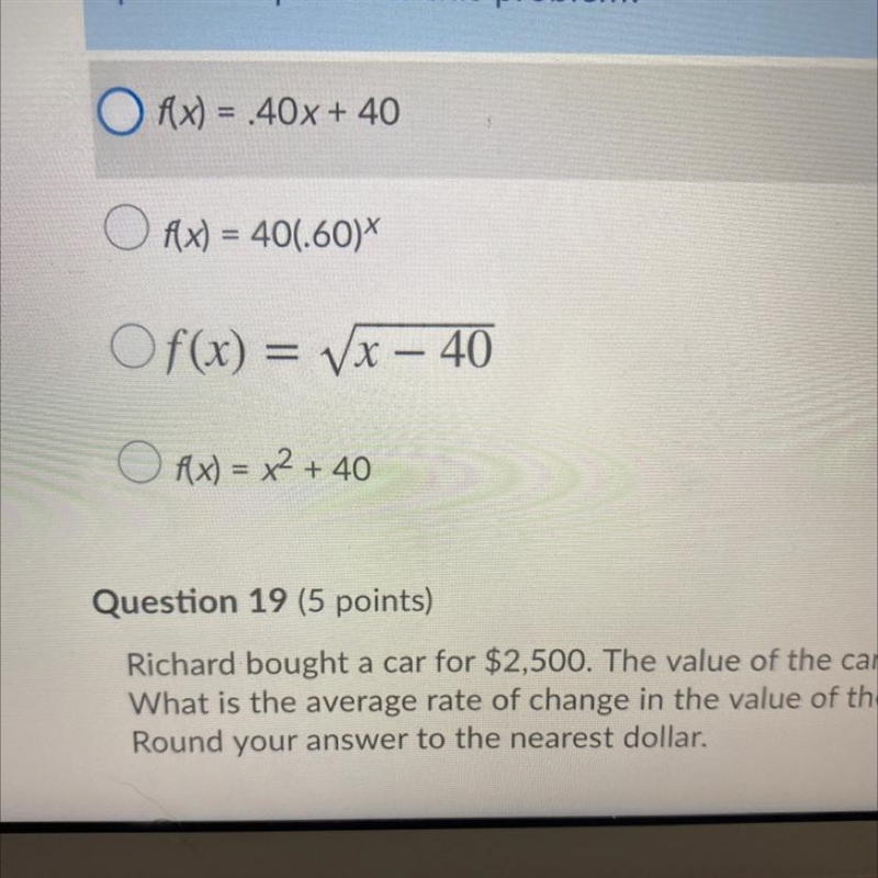 A phone plan charges an initial fee of $40 plus $.40 per minute. Which function equation-example-1