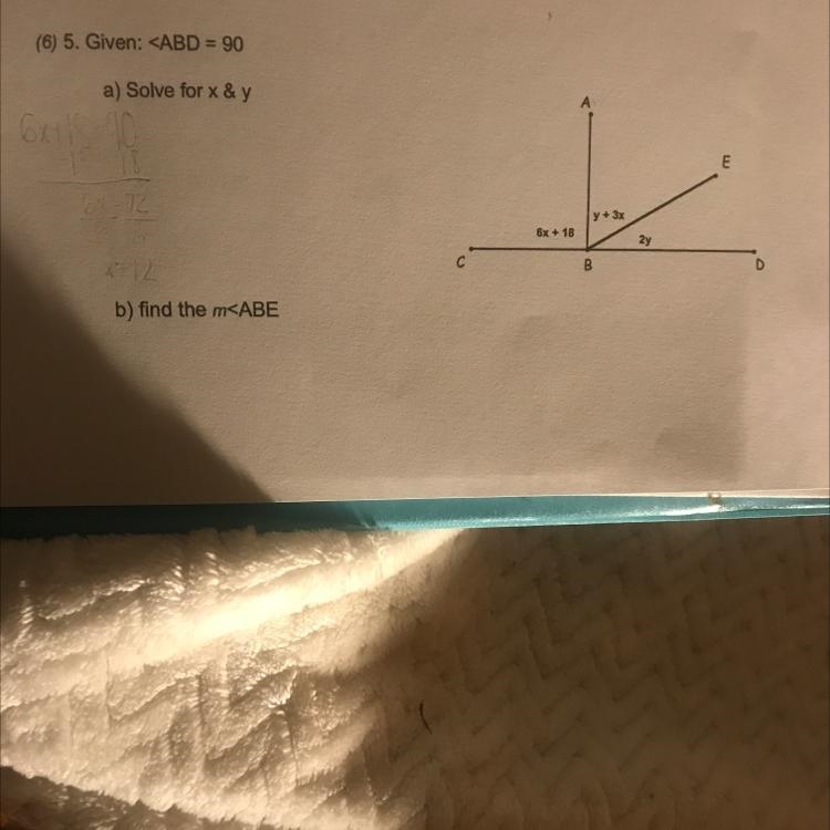 Solve for x and y then find angle ABE-example-1