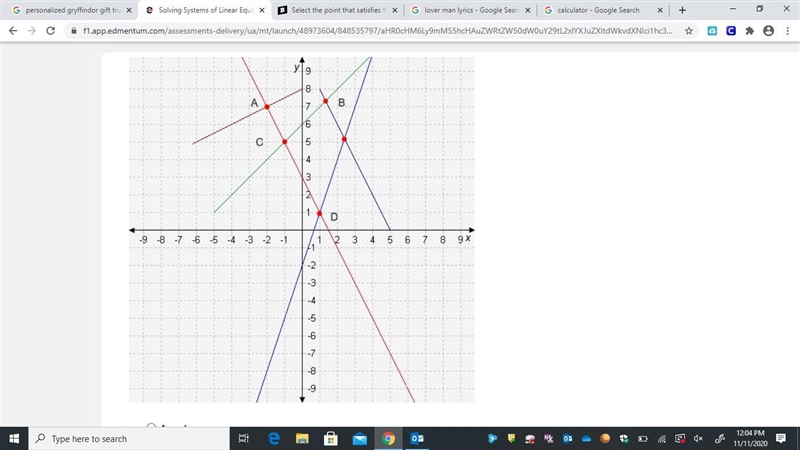 Which point satisfies the system of equations y = 3x - 2 and y = -2x + 3 1. A 2. B-example-1