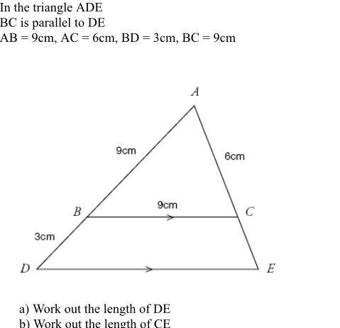 The triangle ADE BC is parallel to DE AB = 9cm, AC = 6cm, BD = 3cm, BC = 9cm-example-1