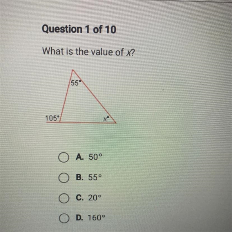 What is the value of x? 55 105 * O A. 50° O B. 55° O C. 20° O D. 160°-example-1