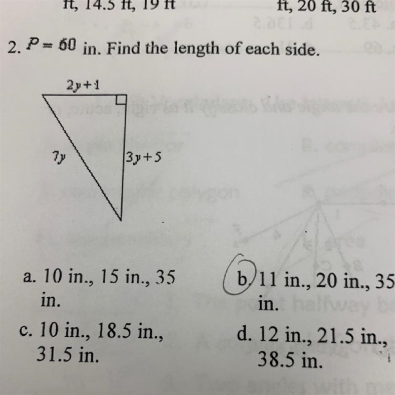 2. P= 60 in. Find the length of each side. 2y + 1 |3y+5 HELP-example-1