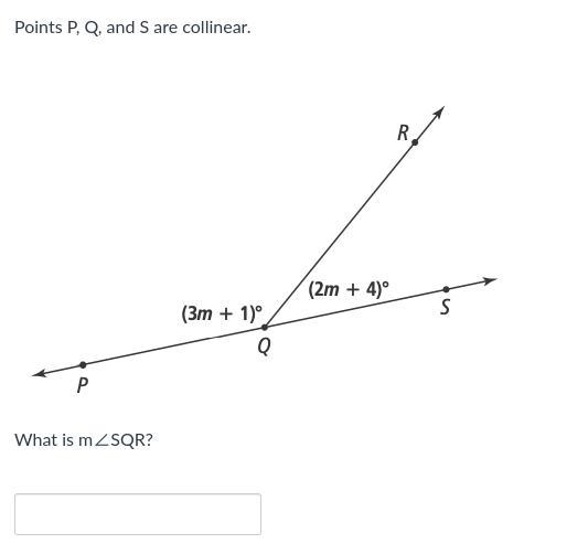 Points P, Q, and S are collinear. What is m∠SQR?-example-1