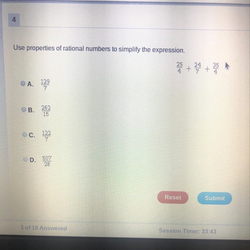 Use properties of rational number to simplify the expression. A.)129/7 B.)262/15 C-example-1